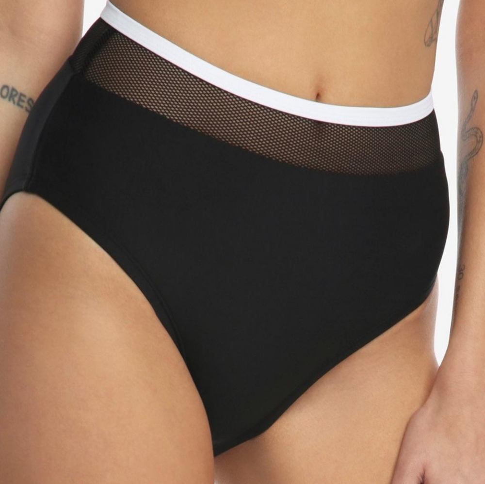 Black Mesh Panel High-Waisted Swim Bottoms